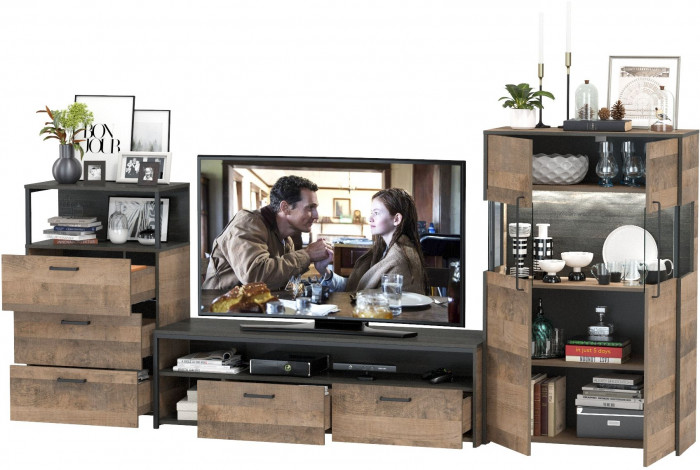 Трувор Гостиная 066, цвет дуб гранж песочный/интра, ШхГхВ 301,6х45,4х135,3 см., универсальная сборка