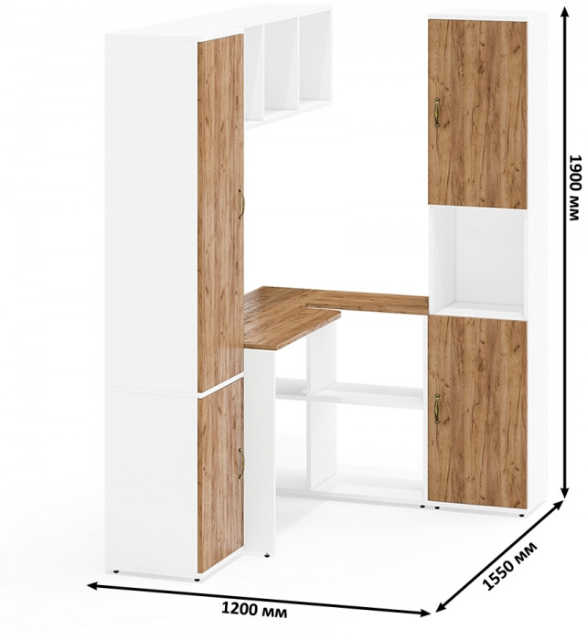 Лидер-8 Пенал МД 21Б + Стол + Полка + Пенал, цвет белый шагрень/крафт золото, ШхГхВ 245х50х75/190 или 155х120/50х75/190 см., НЕ универсальная сборка