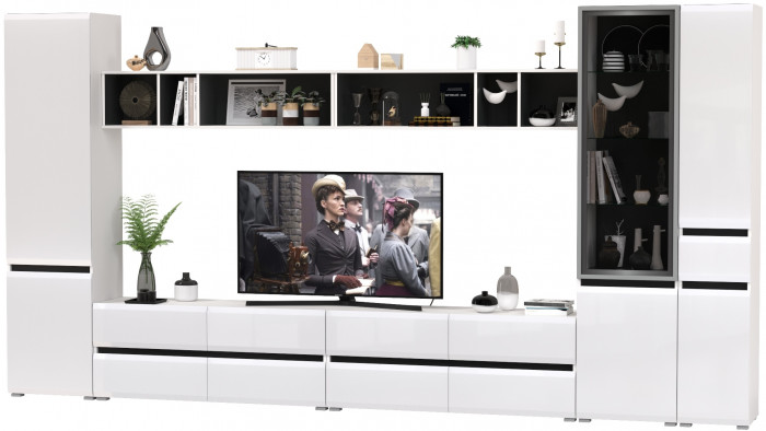 Сидней Комплектация № 082, цвет корпус: белый/чёрный/фасады: МДФ белый глянец, ШхГхВ 395х41,3х205,2 см., универсальная сборка