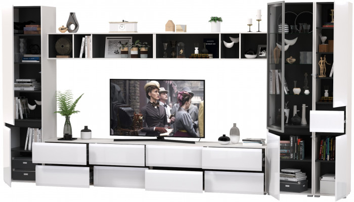 Сидней Комплектация № 082, цвет корпус: белый/чёрный/фасады: МДФ белый глянец, ШхГхВ 395х41,3х205,2 см., универсальная сборка