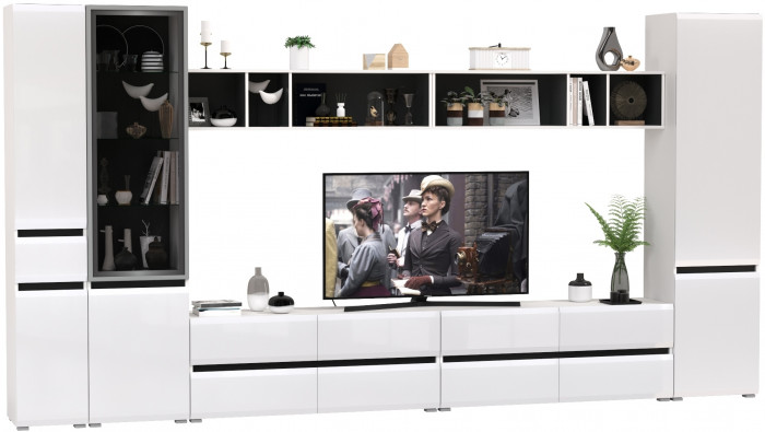 Сидней Комплектация № 082, цвет корпус: белый/чёрный/фасады: МДФ белый глянец, ШхГхВ 395х41,3х205,2 см., универсальная сборка