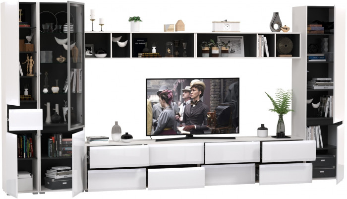 Сидней Комплектация № 082, цвет корпус: белый/чёрный/фасады: МДФ белый глянец, ШхГхВ 395х41,3х205,2 см., универсальная сборка