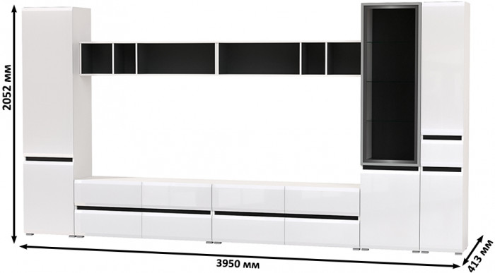 Сидней Комплектация № 082, цвет корпус: белый/чёрный/фасады: МДФ белый глянец, ШхГхВ 395х41,3х205,2 см., универсальная сборка