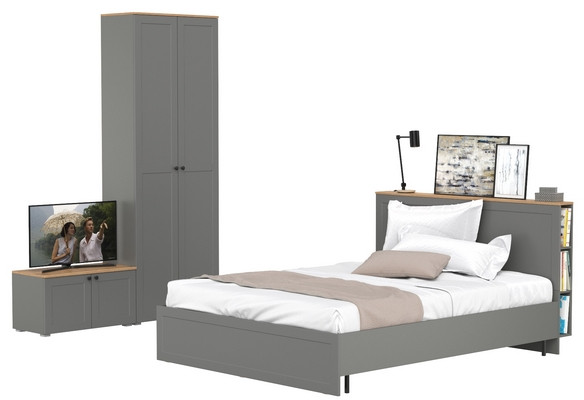 Остин 11.53 Кровать + ортопед + 16.307 Шкаф + 13.257 Тумба, серый графит/дуб крафт золотой