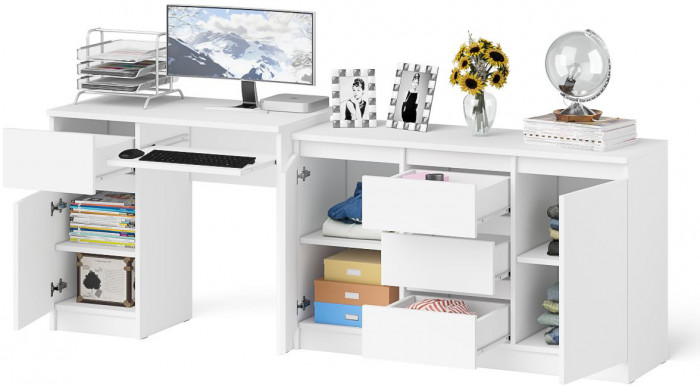 Мори Стол компьютерный МС-1 левый + Комод МК1200.3, цвет белый, ШхГхВ 210,4х50х76,6 см., выдвижной ящик слева, НЕ универсальная сборка