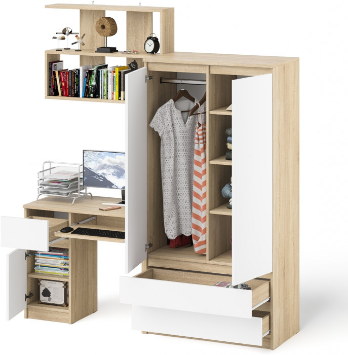Мори компьютерный стол МС-1 левый + Шкаф МШ900.1 + Полка 900, дуб сонома/белый