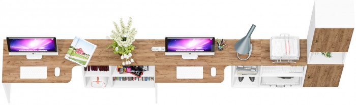 Лидер-8 Стол + Стол + Пенал, цвет белый шагрень/крафт золото, ШхГхВ 370х50/30х75/190 см. или 230х50/120х75/190 см., НЕ универсальная сборка