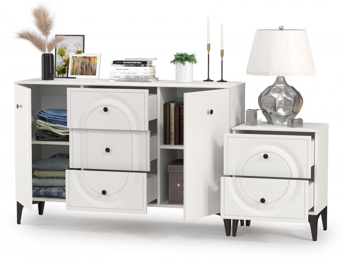 Валенсия Спальня 13.309 Комод + 13.291 Тумба прикроватная, ЛДСП белый шагрень/МДФ белый шагрень