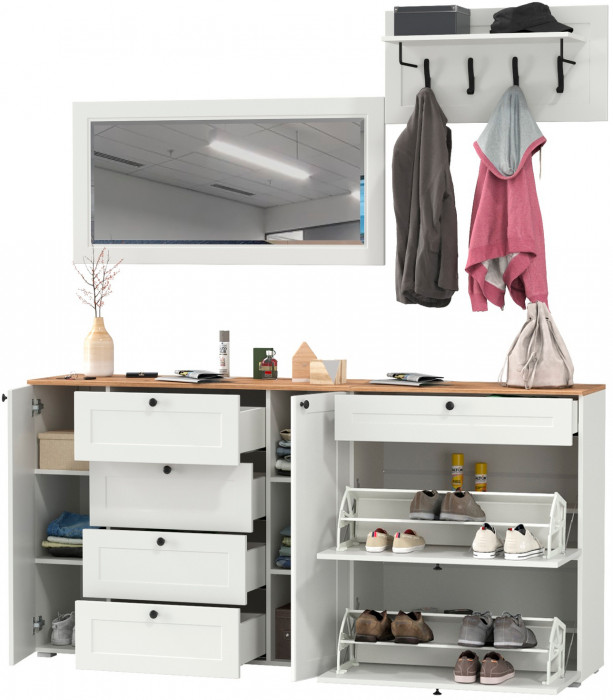 Остин Прихожая 56, цвет белый шагрень/дуб крафт золотой, ШхГхВ 200х54,3х210 см., универсальная сборка