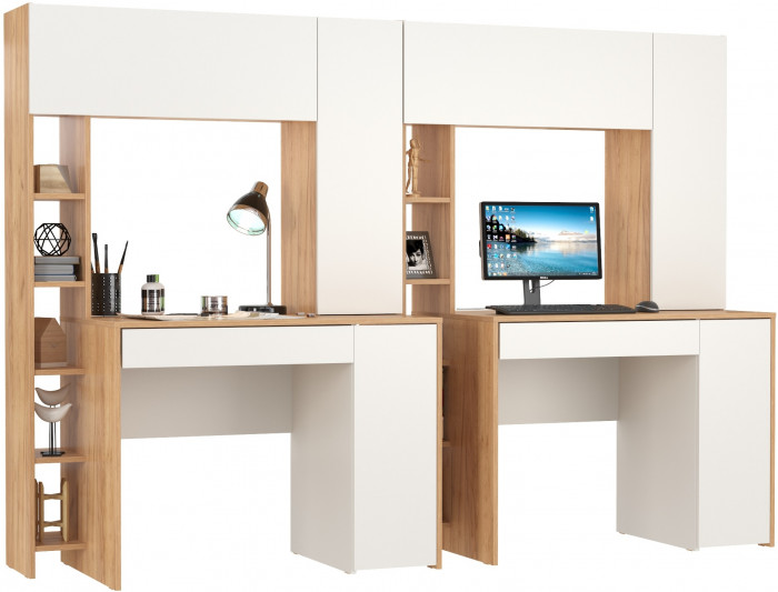 Стол компьютерный Комфорт 12.71 + Стол компьютерный Комфорт 12.71, цвет дуб золотой/белый, ШхГхВ 233,4х60,2х165,4 см., НЕ универсальная сборка