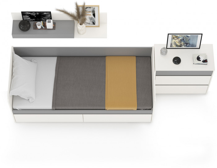 Торонто 11.39 Кровать + 16.475 Полка + 13.321 Комод, цвет белый шагрень/стальной серый, ШхГхВ 274х84,4х150 см., сп. м. 800х1900 мм, б/м, основан. есть