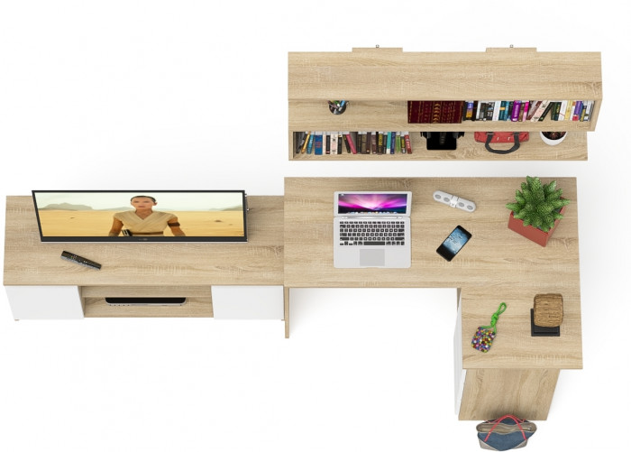 Мори компьютерный стол МС-16 правый + Тумба МТВ1200.1 + Полка 1200, дуб сонома/белый