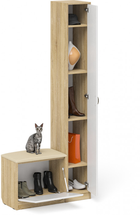 Прихожая П-6 Компоновка № 19, цвет дуб сонома/фасады МДФ белое дерево фрезеровка ромб, ШхГхВ 90х35х210 см., универсальная сборка