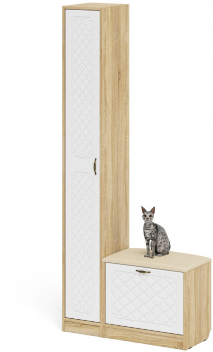 Прихожая П-6 Компоновка № 19, цвет дуб сонома/фасады МДФ белое дерево фрезеровка ромб, ШхГхВ 90х35х210 см., универсальная сборка