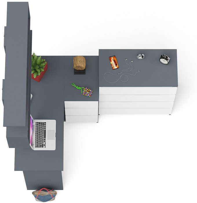Мори компьютерный стол МС-16 правый + Комод МК800.4 + Полка 1200, графит/белый