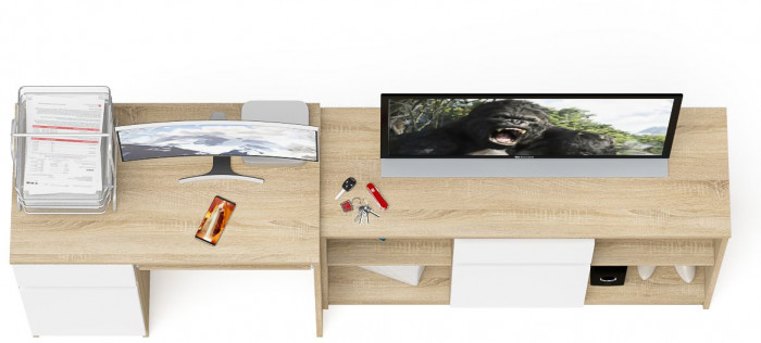 Мори Стол компьютерный МС-1 левый + Тумба МТВ1204.1, цвет дуб сонома/белый, ШхГхВ 210,4х50х76,6 см., выдвижной ящик слева, НЕ универсальная сборка