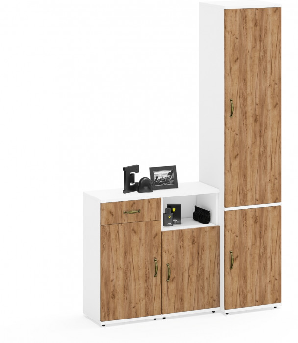 Лидер-8 Пенал МД 21Б + Тумба МД 3.15 + Тумба МД 3.19, цвет белый шагрень/крафт золото, ШхГхВ 120х37,5х190 см., универсальная сборка