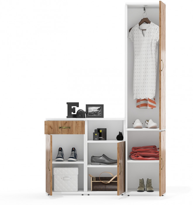 Лидер-8 Пенал МД 21Б + Тумба МД 3.15 + Тумба МД 3.19, цвет белый шагрень/крафт золото, ШхГхВ 120х37,5х190 см., универсальная сборка