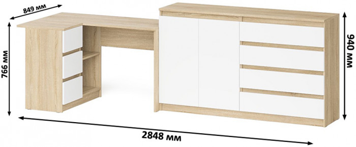 Мори Стол компьютерный МС-16 левый + Комод МК1600.1, цвет дуб сонома/белый, ШхГхВ 284,8х84,9х94 см., выдвижные ящики слев, НЕ универсальная сборкаа
