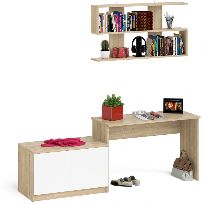 Мори Стол письменный МСП1200.1 + Тумба МА900.1 + Полка 1200, цвет дуб сонома/белый, ШхГхВ 210,8х50,4х209,6 см., универсальная сборка