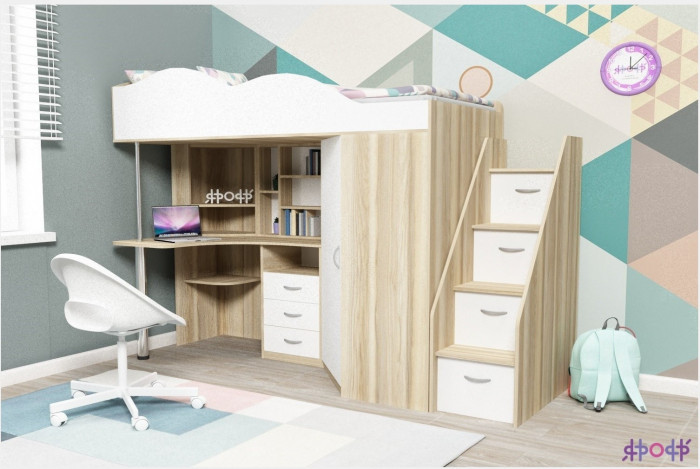 Кровать-чердак Пионер 1 (Белое дерево/Оранжевый)