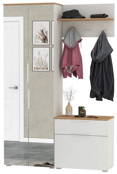 Октава Прихожая 10, цвет белый шагрень/дуб крафт золотой/фасады МДФ белый шагрень, ШхГхВ 129,3х35,4х197,6 см., универсальная сборка