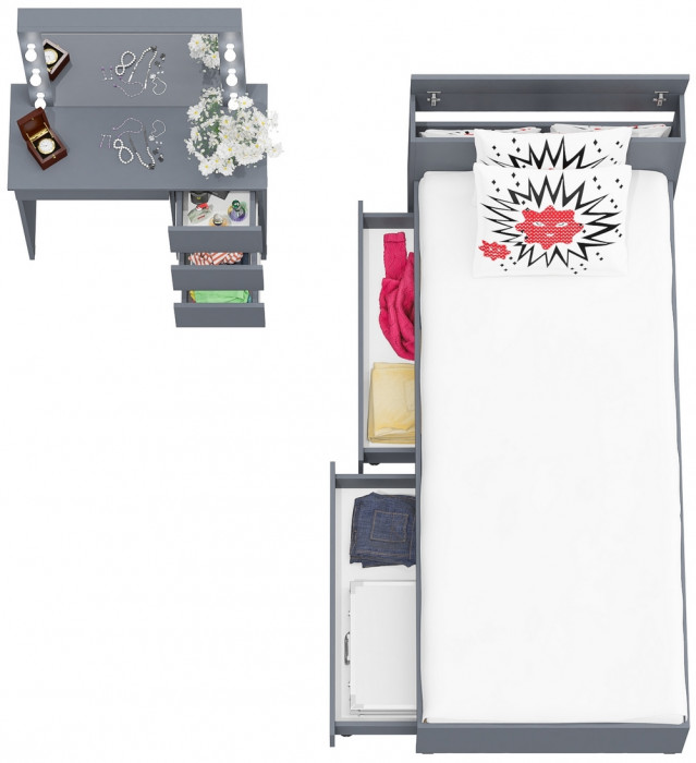 Ксения Кровать с ящиками 0900 + Стол косметический с подсветкой Сура, графит