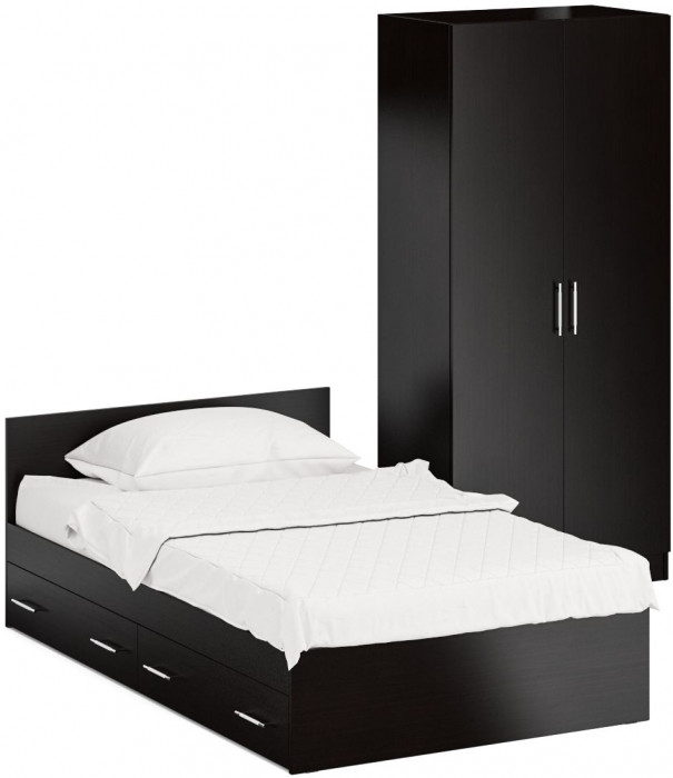 Кровать с ящиками 1200 + Шкаф 2-х створчатый Стандарт, цвет венге, ШхГхВ 123,5х203,5х70 + 90х52х200 см., сп.м. 1200х2000 мм., б/м, основание есть