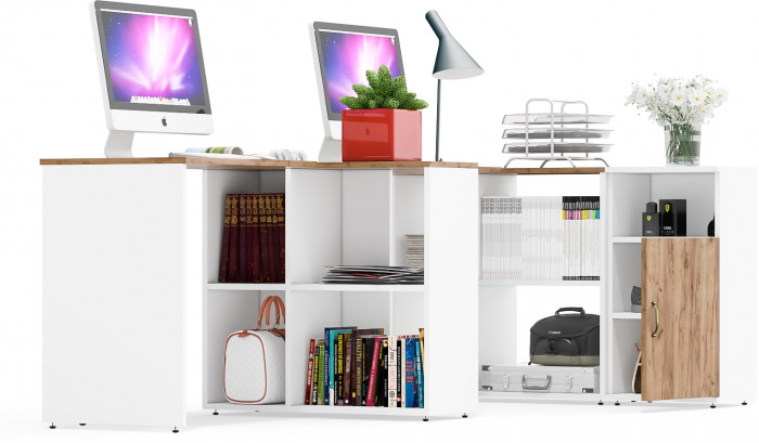 Лидер-8 Стол + Стол + Тумба МД 3.19, цвет белый шагрень/крафт золото, ШхГхВ 370х50/30х75 см. или 230х50/120х75 см., НЕ универсальная сборка