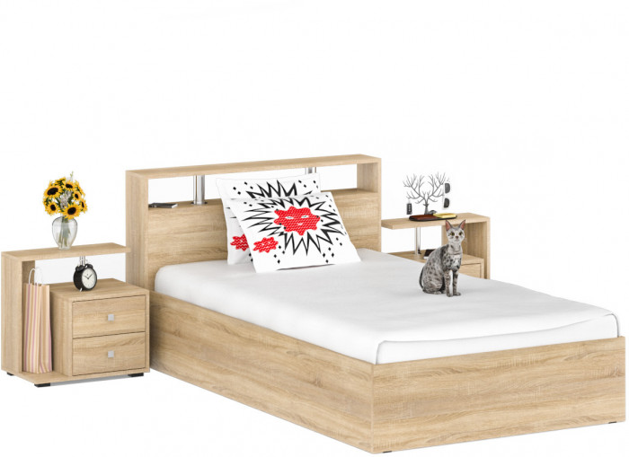 Камелия Кровать 1400 + две тумбы, цвет дуб сонома, ШхГхВ 256х217х78,2 см., сп.м. 1400х2000 мм., без матраса, основание есть