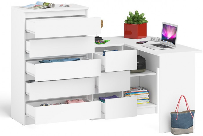 Мори Стол компьютерный МС-16 левый + Комод МК700.5, цвет белый, ШхГхВ 194,8х84,9х114 см., выдвижные ящики слева, НЕ универсальная сборка