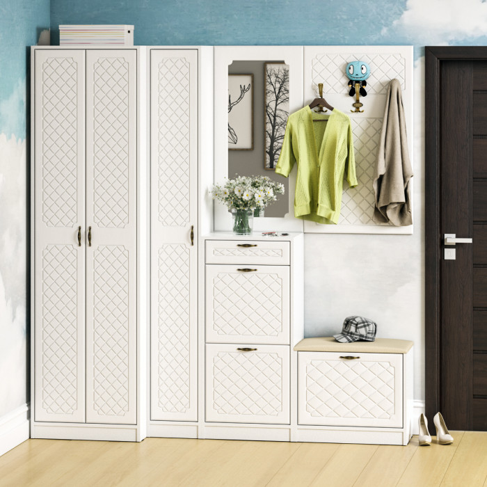 Прихожая П-6-350 Пенал, белая шагрень/фасады МДФ белое дерево фрезеровка ромб