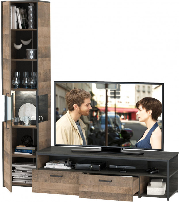 Трувор 13.70 Тумба под ТВ + 13.205 Шкаф-пенал с витриной, дуб гранж песочный/интра