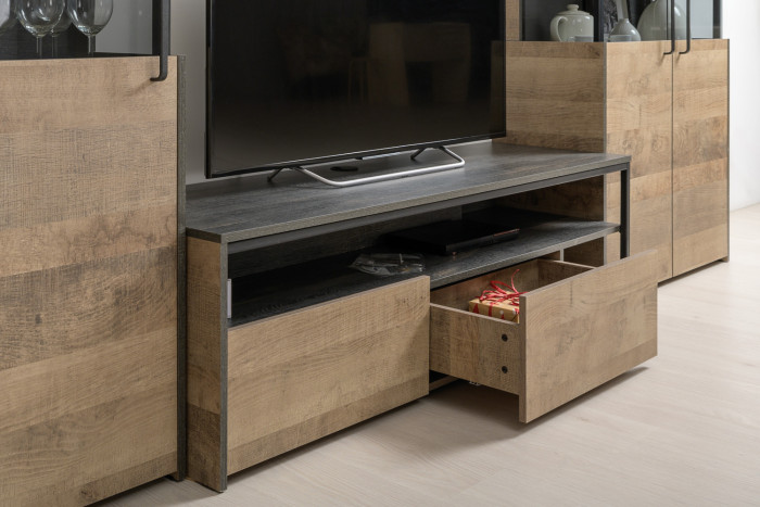 Трувор 13.70 Тумба под ТВ + 13.205 Шкаф-пенал с витриной, дуб гранж песочный/интра