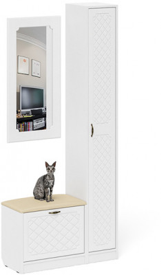 Прихожая П-6 Компоновка № 20, цвет белая шагрень/фасады МДФ белое дерево фрезеровка ромб, ШхГхВ 90х35х210 см., универсальная сборка