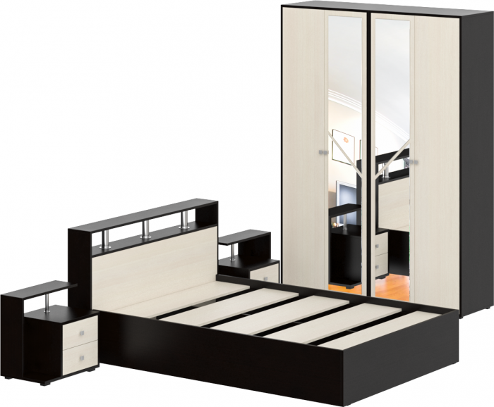 Камелия спальня № 1 Кровать 1400 + Две тумбы + Шкаф 4-х створчатый, венге/дуб лоредо