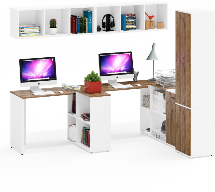 Лидер-8 Стол + Полка + Стол + Полка + Пенал МД 21Б + Тумба МД 3.15, белый шагрень/крафт золото