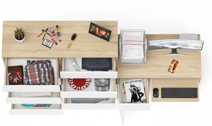 Мори компьютерный стол МС-1 левый + Комод МК1200.10, дуб сонома/белый