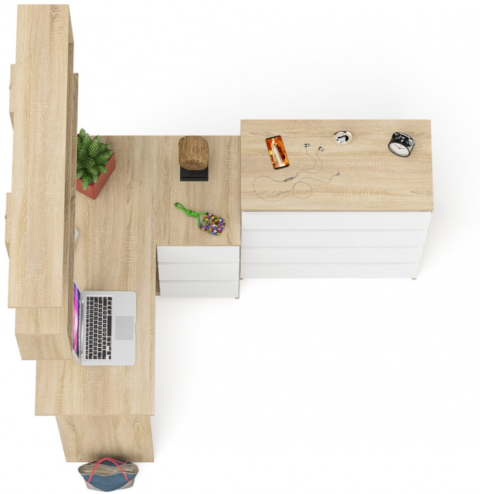 Мори компьютерный стол МС-16 правый + Комод МК800.4 + Полка 1200, дуб сонома/белый