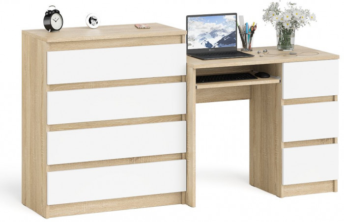 Мори компьютерный стол МС-6 правый + Комод МК800.4, дуб сонома/белый