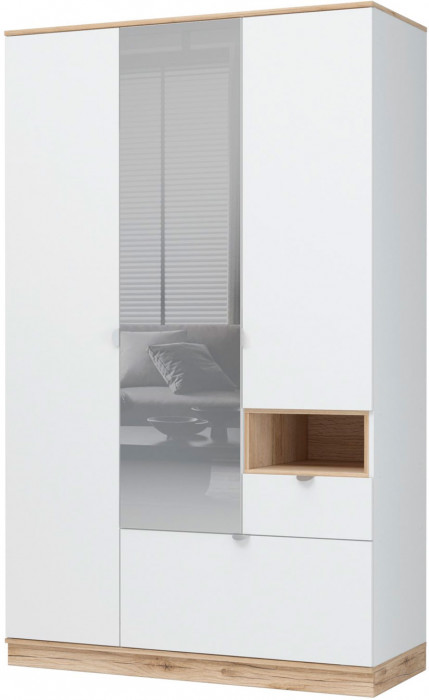 Юкки ШК1Я-1350 Шкаф 3х створчатый с зеркалом Дуб делано/Белый