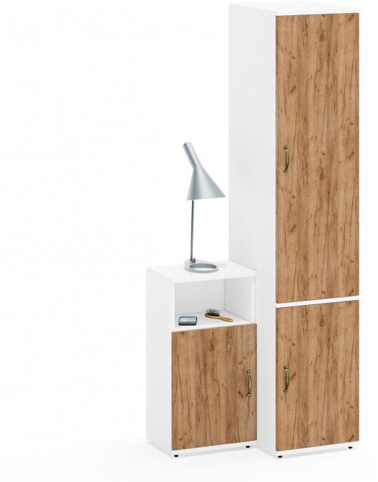 Лидер-8 Пенал МД 23Б + Тумба МД 3.19, цвет белый шагрень/крафт золото, ШхГхВ 80х50х190 см., универсальная сборка