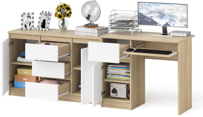 Мори Стол компьютерный МС-1 левый + Комод МК1200.3, цвет дуб сонома/белый, ШхГхВ 210,4х50х76,6 см., выдвижной ящик слева, НЕ универсальная сборка