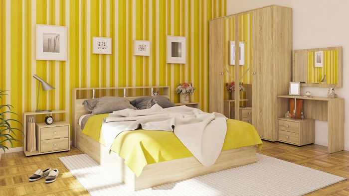 Камелия Кровать 1600 + две тумбы, цвет дуб сонома, ШхГхВ 276х217х78,2 см., сп.м. 1600х2000 мм., без матраса, основание есть