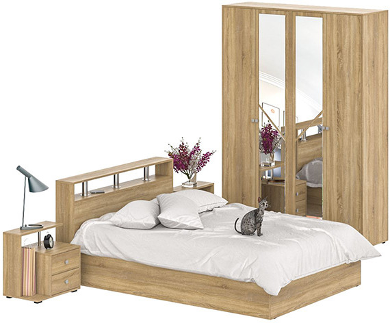Камелия спальня № 1 Кровать 1400 + Две тумбы + Шкаф 4-х створчатый, дуб сонома