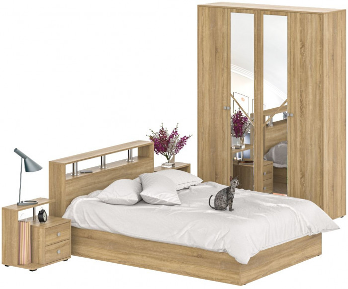 Камелия спальня № 1 Кровать 1400 + Две тумбы + Шкаф 4-х створчатый, дуб сонома