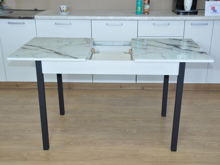 Альфа фотопечать стол обеденный раздвижной / белый мрамор/бетон белый/черный