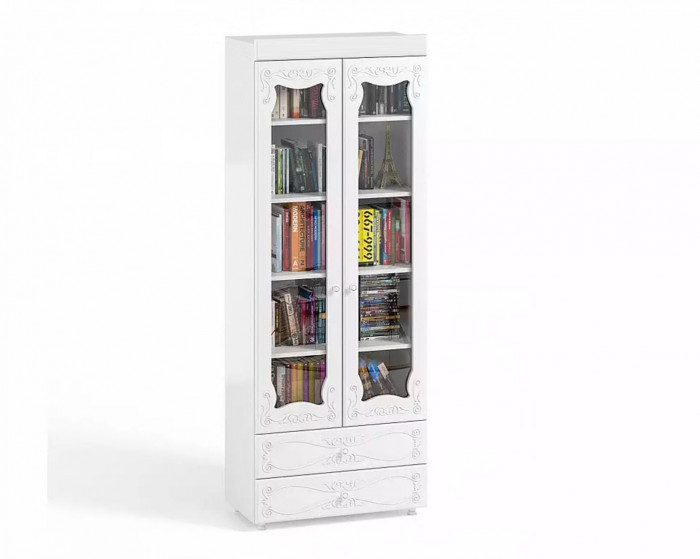 Шкаф 2-х дверный со стеклами и ящиками (гл.410) Италия ИТ-46 белое дерево