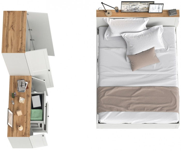 Остин 11.53 Кровать + ортопед + 16.307 Шкаф + 16.221 Комод, белый шагрень/дуб крафт золотой