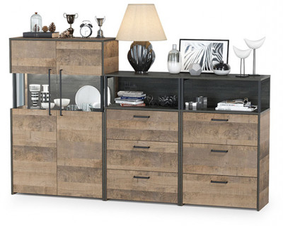 Трувор 13.306 Комод с витриной + 13.307.02 Комод с ящиками + 13.307.02 Комод с ящ., цвет дуб гранж песочный/интра, ШхГхВ 217,8х37х135,3 см., ун. сб.